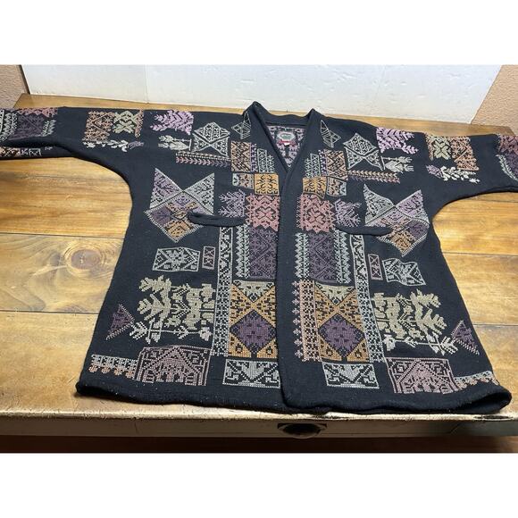Johnny Was Biya Fenella Embroidered Kimono Cardigan Black Knit Open Front Small - Picture 2 of 16